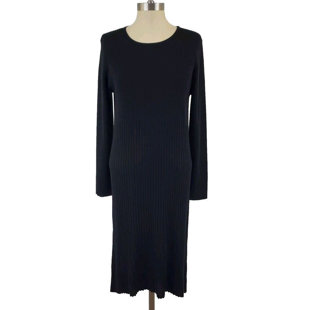 Eileen Fisher Longsleeve Ribbed Knit Wool Midi Dress Black Old Money Classic M